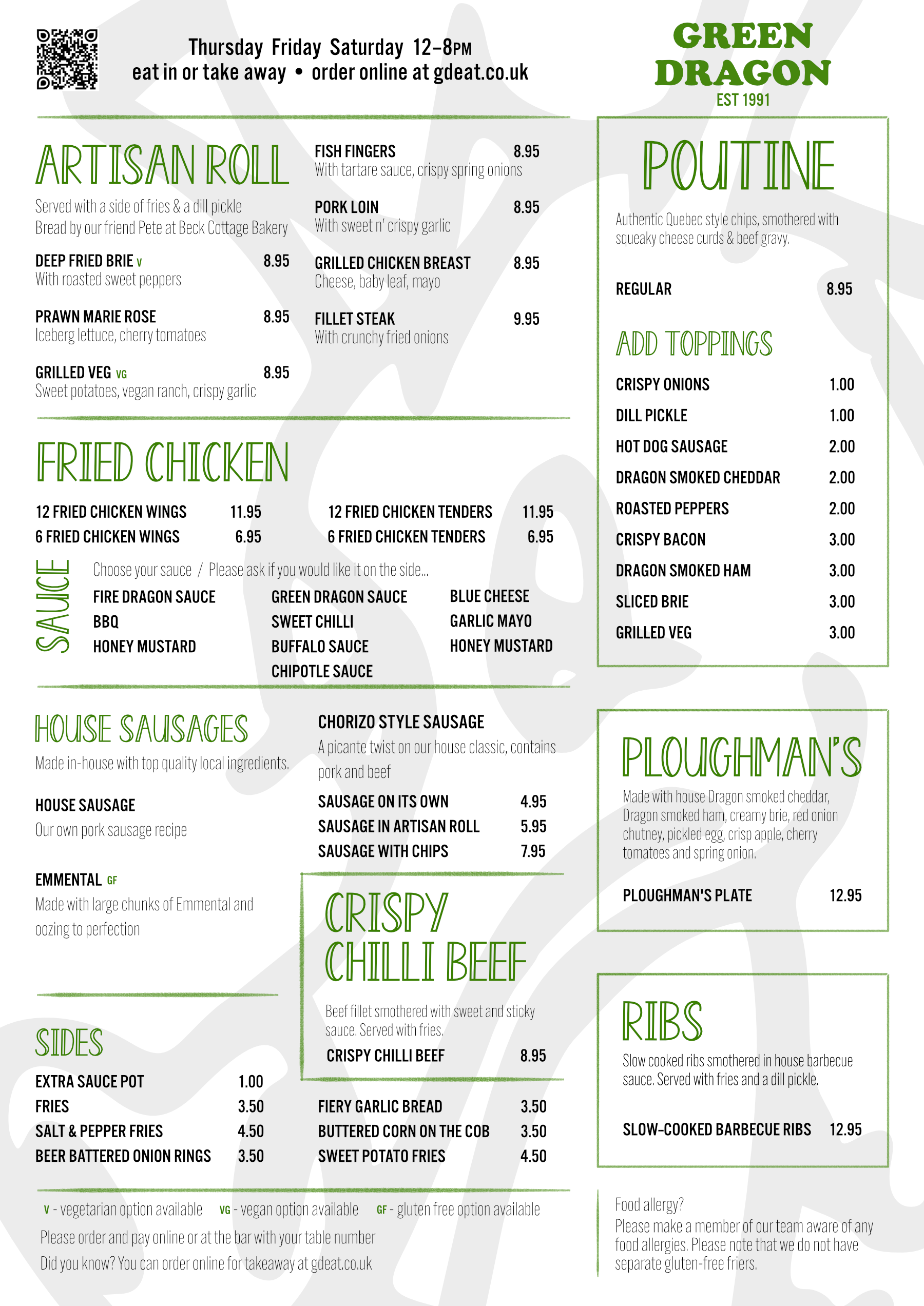 The current Green Dragon menu, as of 18th May 2024