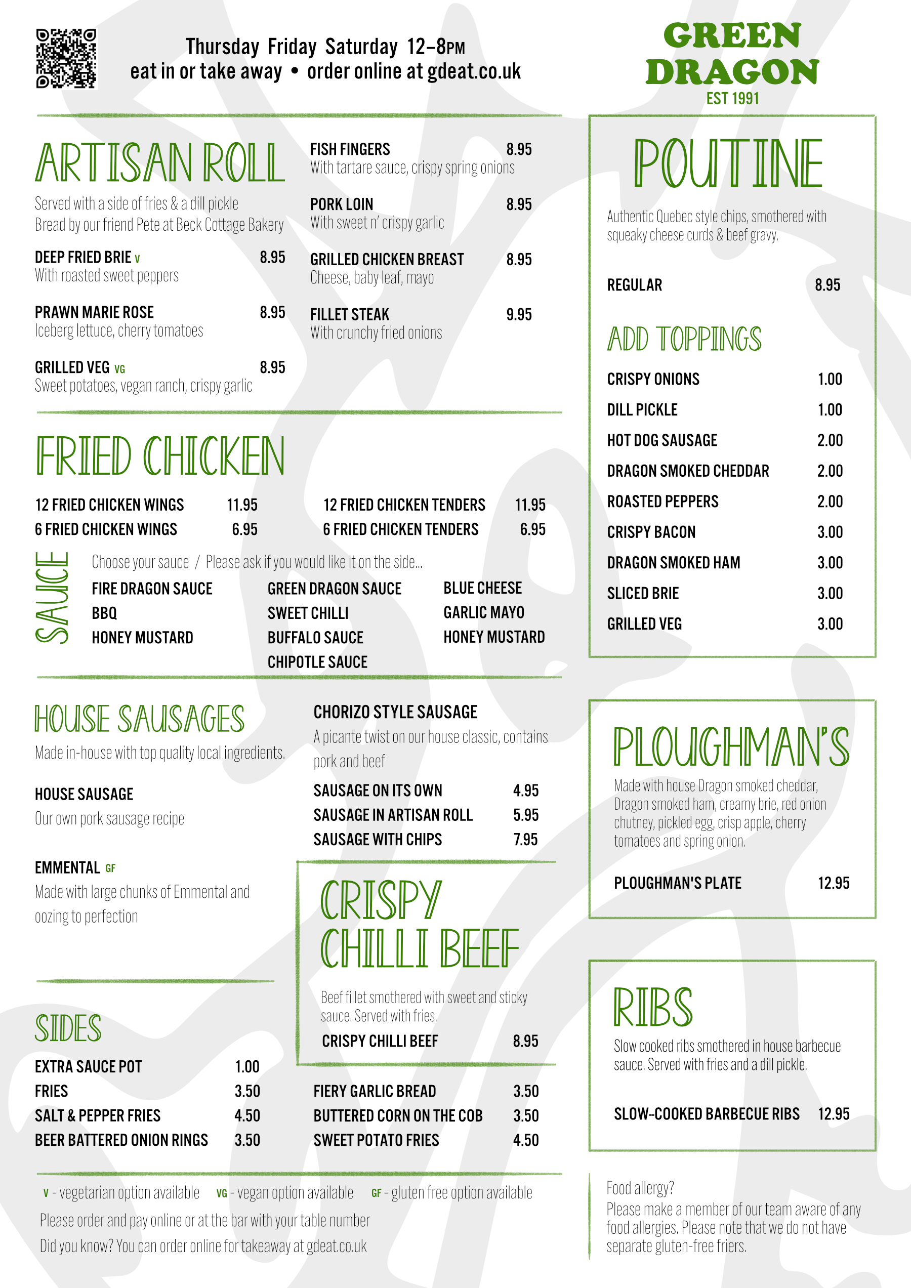 The current Green Dragon menu, as of 1st May 2025