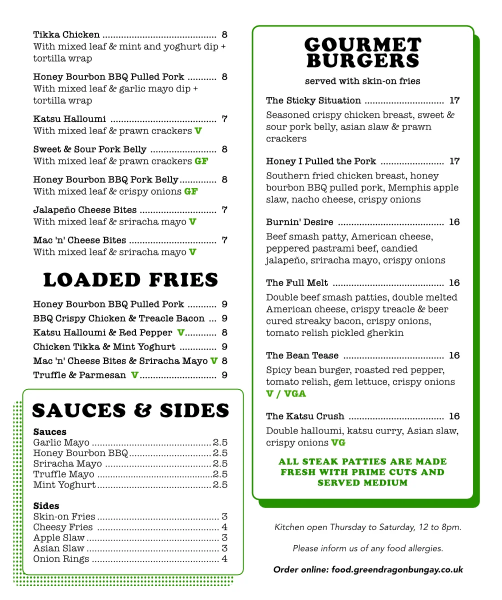 Current Green Dragon Menu