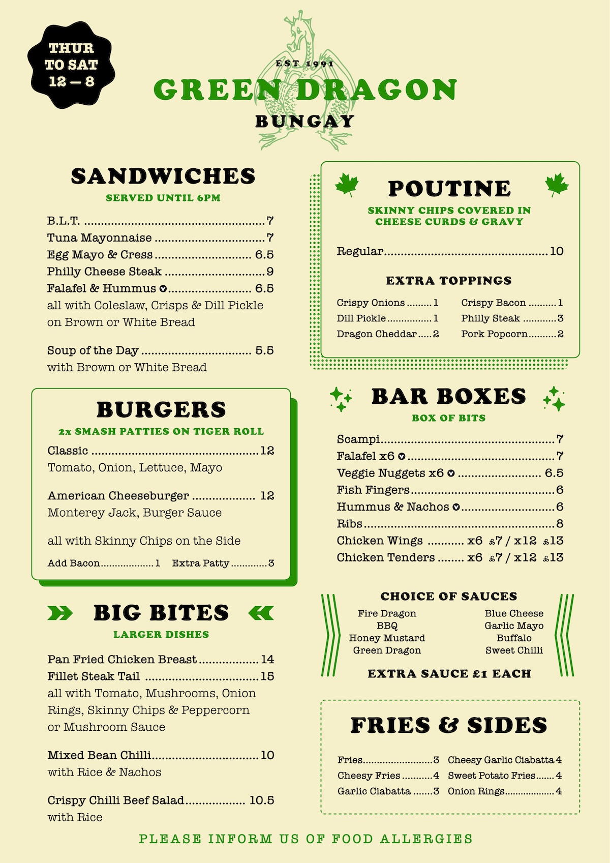 The current Green Dragon menu, as of 1st May 2025